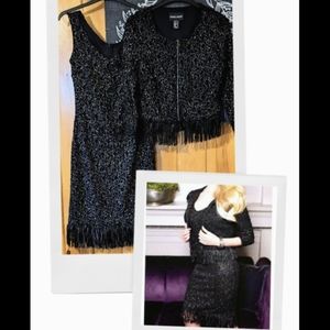Frank Lyman 2pc Black Dress Sparkling Little Black Dress + Sweater Fringe Sz 4